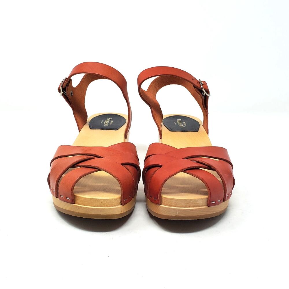 Swedish Hasbeens Magdalena Wooden Platform Clog Heel Sandals Red Leather Size 38 - Picture 6 of 11